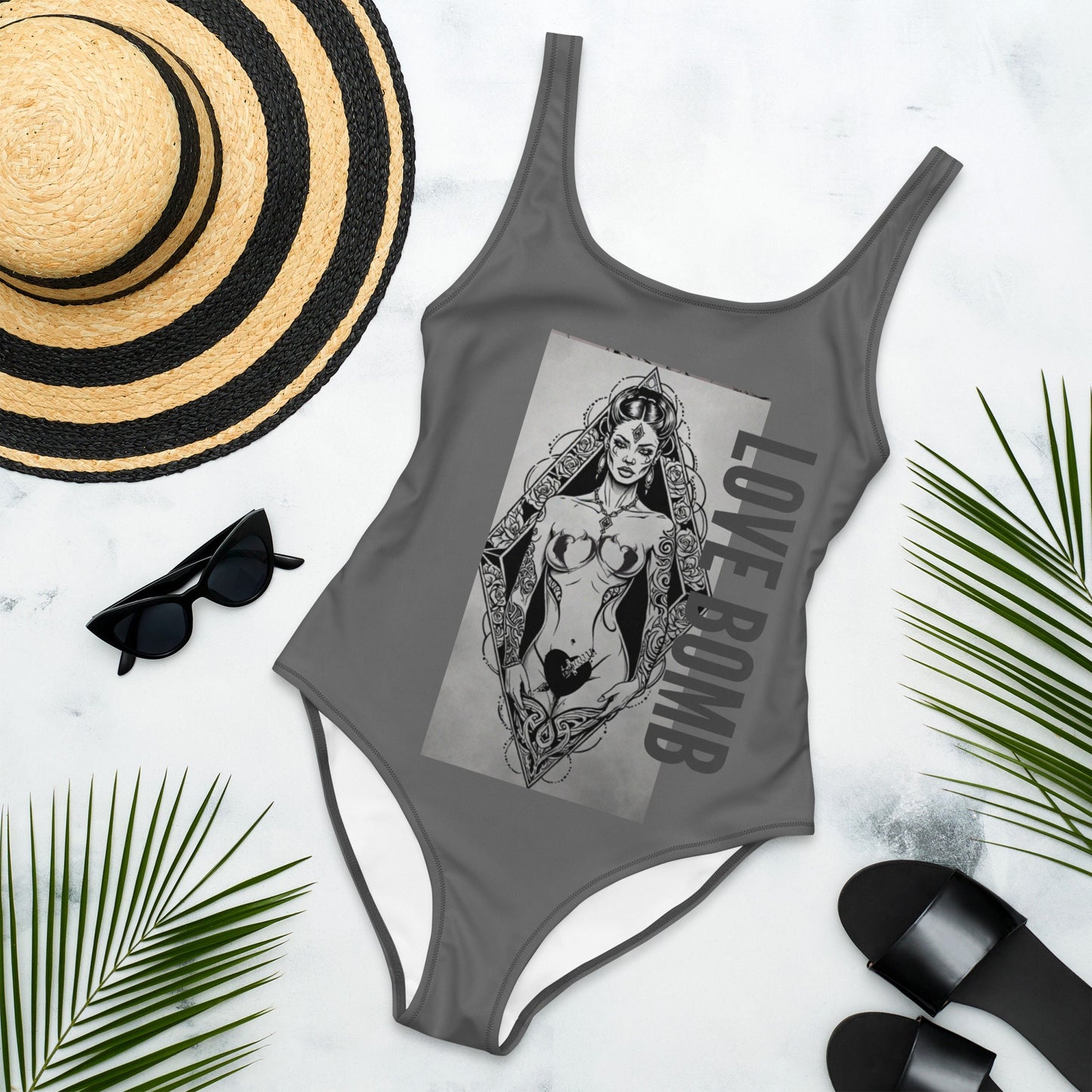 THE DARK TRIAD: LOVE BOMB Tattoo One-Piece Swimsuit
